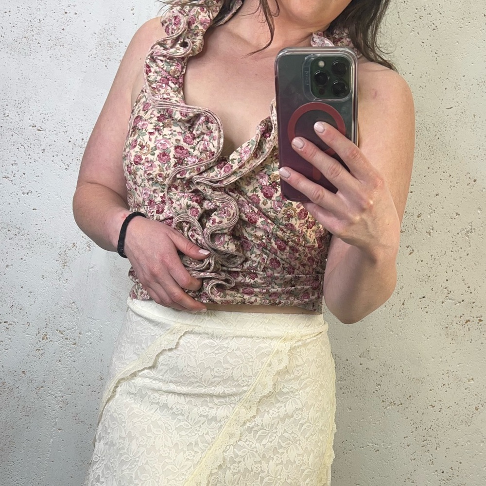 Y2K 2000s Poetry Floral Halter Top with Pink and Green Ditsy Floral Print Small - Picture 6 of 10